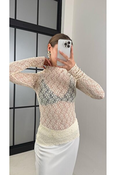 Gaus Ecru Lace Transparent Long Sleeve Blouse Gaus-00510