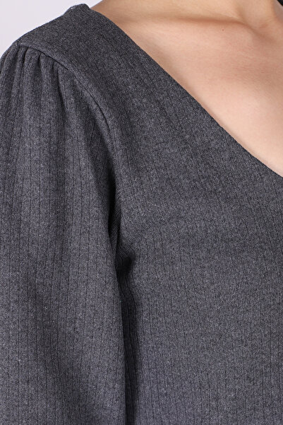 armonika Women's Smoked U-Neck Long Sleeve Lycra Dress with Ruffle Hem Arm-26K001012