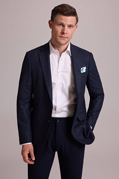 Ysf Men's Navy Blue Regular Fit Mono Collar 100% Wool Jacket