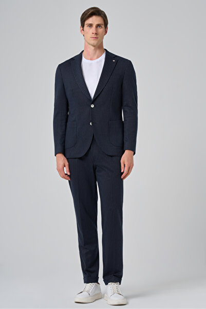 Morven Erkek Lacivert Poliviskon Trend Çizgili Slim Fit Mono Yaka Takım Elbise