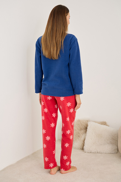 Siyah İnci Navy Blue Patterned Snow-Themed Embroidered Fleece Winter Knitted Pajama Set