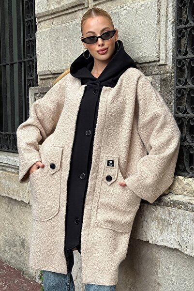VAGGON Women's Beige Hooded Double Pocket Button Closure Cashmere Coat Vs01288
