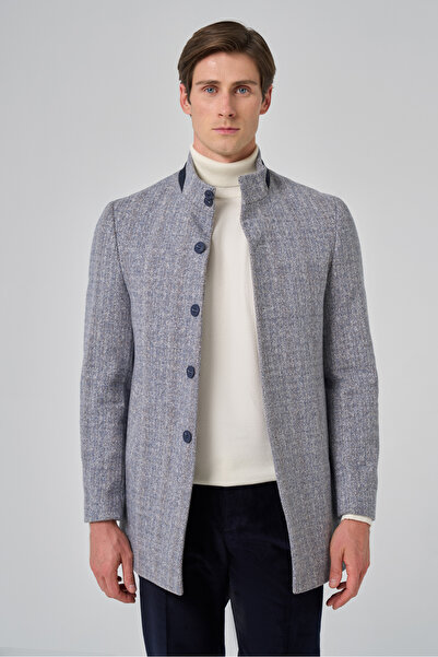 Morven Men's Navy Blue Herringbone Pattern High Collar Dynamic Fit Coat