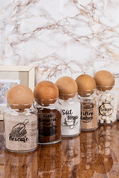 Minya Home 5'li Cam Kavanoz Kahve Köşesi Seti Dekoratif Ahşap Kapaklı Kahve S...