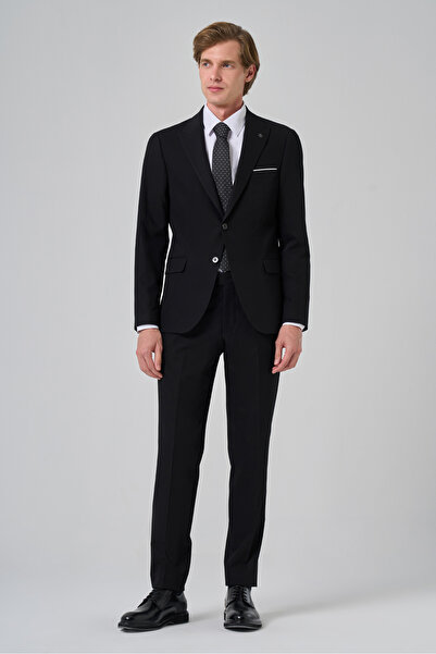 Morven Erkek Siyah Poliviskon Basic Slim Fit Sivri Yaka Takım Elbise