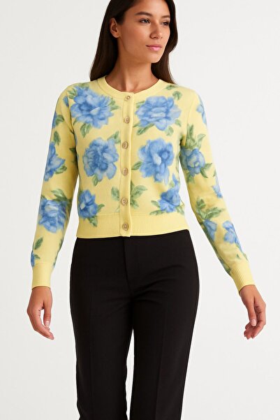 NOTCHTR Kadın Çiçek Desenli Bisiklet Yaka Sarı Triko Hırka