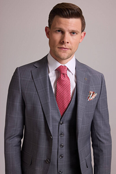 Ysf بدلة رجالية رمادية ضيقة ذات ياقة مربعة من الصوف مع صدرية