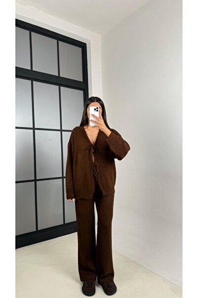 Gaus Coffee Front-Tied Cardigan Elastic Waist Pants Soft Knitwear Set Gaus-00203