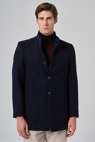 Morven Ανδρικό παλτό με γιακά δικαστή από μαλλί Navy Blue Flat Dynamic Fit