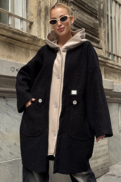 VAGGON Women's Black Hooded Double Pocket Button Closure Cashmere Coat Vs01288