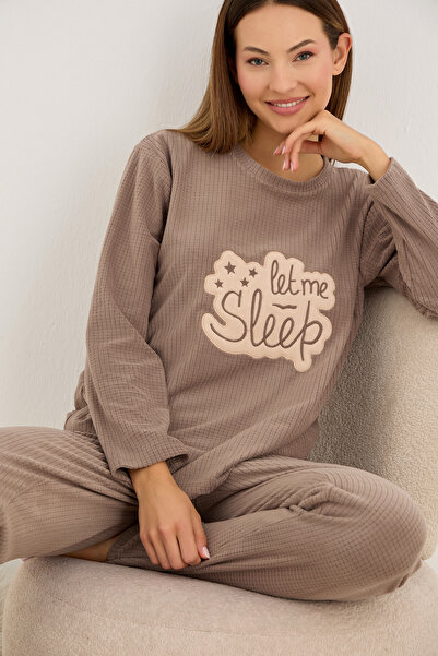 Siyah İnci Set de pijamale din țesătură din material subțire din lână brodată cu tematică de dormit din nurcă