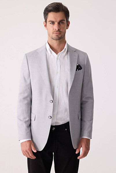 Ysf Men's Light Gray Regular Fit Linen Blend Mono Collar Jacket