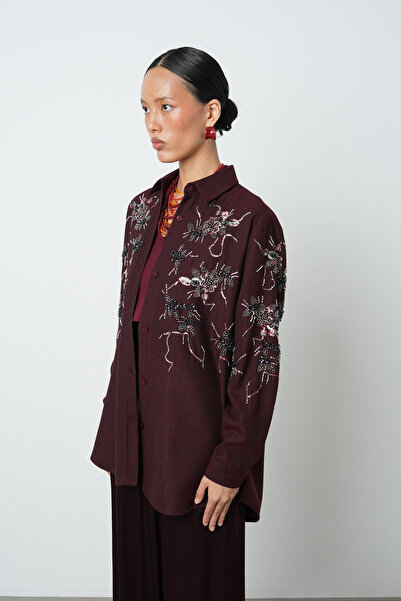 Orfeo Negro Women's Burgundy Color Oversize Shirt with Beading on the Front