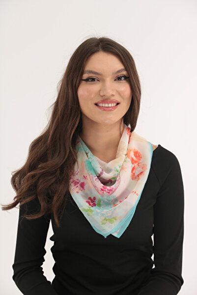 Trend Land Esarfa patrata din matase cu print floral roz-turcoaz