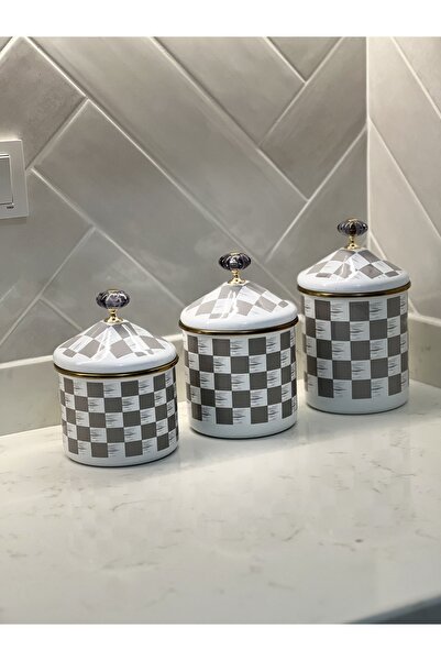 Sade Hediye Dama Desenli Emaye Üç Boy Baharat Takımı