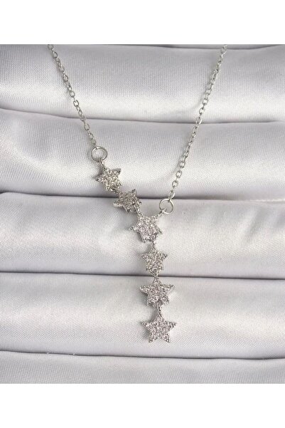 İlraysa Çelik Gümüş Renk Zincir Zirkon Taşlı Yıldız Model Kadın Kolye