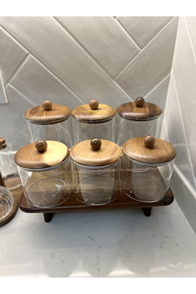 Sade Hediye 6-Piece Acacia Lid Spice Jar Set with Stands/2-Piece Glass Oil Pot Sauce Bowl