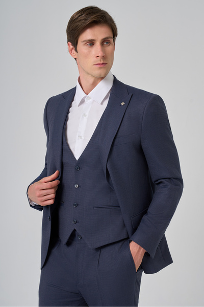 Morven Erkek Lacivert Poliviskon Yelekli Trend Desenli Slim Fit Sivri Yaka Takım Elbise