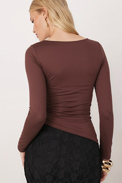 armonika Women's Brown Gathered Side Long Sleeve Asymmetrical Blouse Arm-26K042005