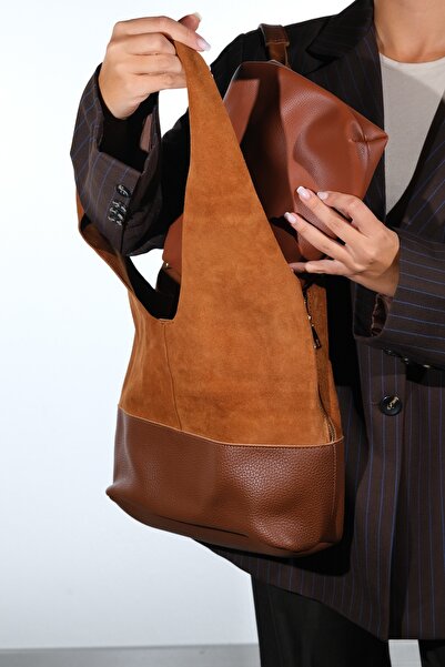 LuviShoes Avos Tan Suede Genuine Leather Women's Shoulder Bag