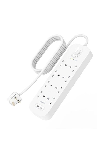 Belkin 18W 8-Way 2-USB Power Extension Surge Protector, White, 2m