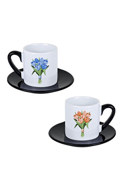giftkonsept Tulip Bouquet Printed Black Handle 4-Piece Porcelain Turkish Coffee Cup Set