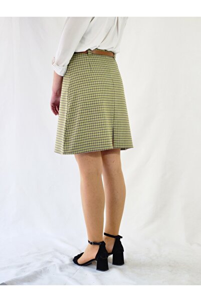 YAXİ High Waist Chanel Woven Fabric Knee-Length Green Checked A-Line Skirt