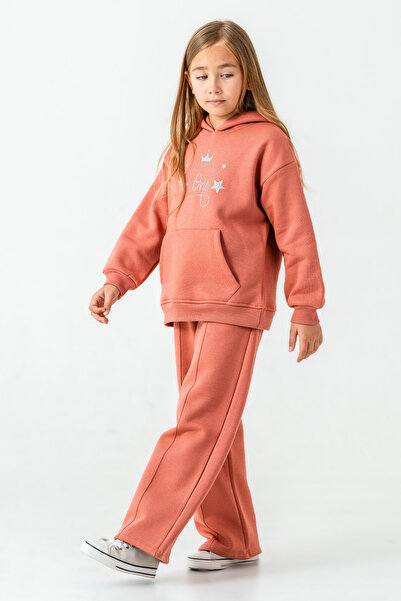 AHENGİM Girl's You Are the One Printed 3 Thread Thick Winter Tracksuit Set Ak4204