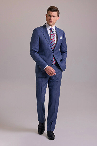 Ysf Erkek Mavi Regular Fit Mono Yaka Yünlü Takım Elbise