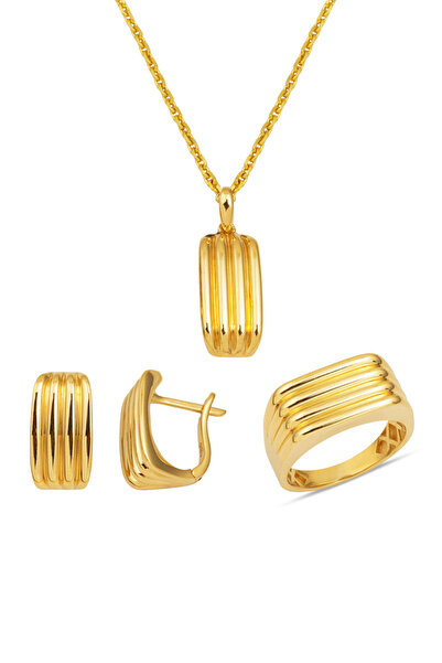 Bilezikci Çizgili Altın Üçlü Takı Seti 14 Ayar