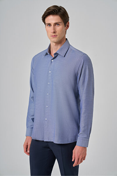 Morven Ανδρικό πουκάμισο με σκληρό γιακά με μοτίβο ζακάρ σε μπλε ναυτικό χρώμα