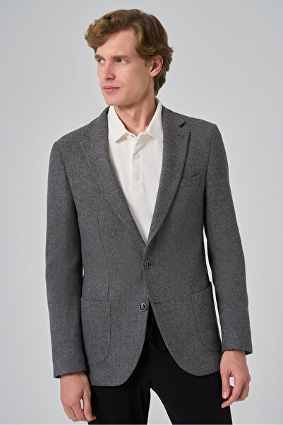 Morven Erkek Siyah Poliviskon Trend Desenli Slim Fit Mono Yaka Dokuma Ceket