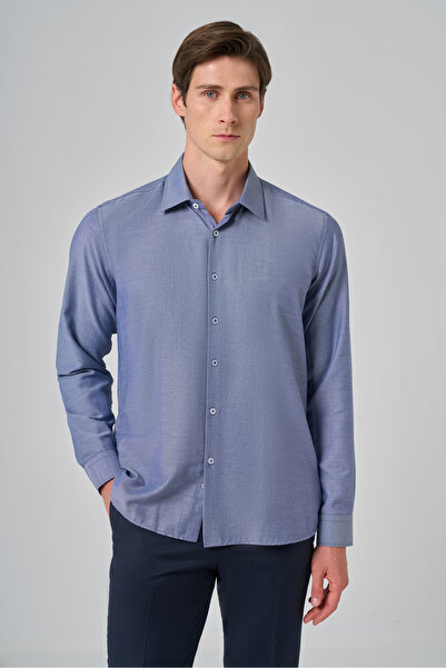 Morven Ανδρικό πουκάμισο με σκληρό γιακά με μοτίβο ζακάρ σε μπλε ναυτικό χρώμα