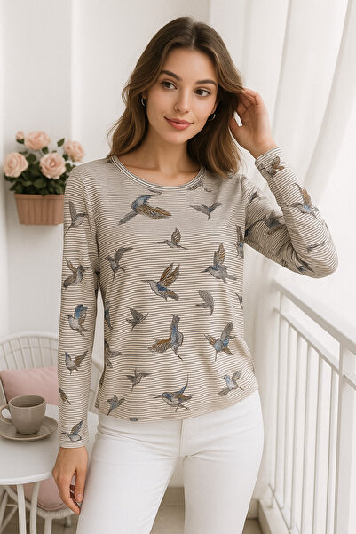 Rich Women's Ecru Wide Patterned Crew Neck Long Sleeve Blouse