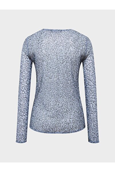 RİVUS Crew Neck Beaded Stone Detailed Long Sleeve Transparent Blouse - Blue