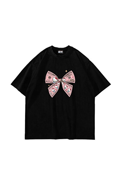 Sekizbiraltı H. Kitty Bow Printed Oversize Unisex Black Tshirt