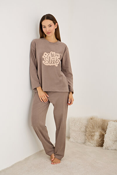 Siyah İnci Set de pijamale din țesătură din material subțire din lână brodată cu tematică de dormit din nurcă