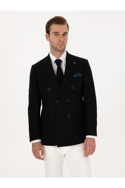 Cacharel Siyah Slim Fit Yün Karışımlı Kruvaze Ceket 50310755-VR046