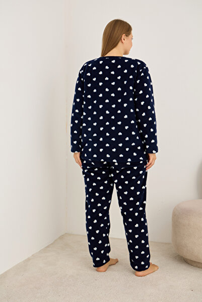 Siyah İnci Navy Blue Heart Pattern Embroidered Plus Size Fleece Winter Knitted Pajamas Set