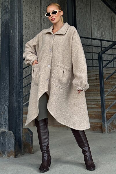 VAGGON Women's Beige Double Pocket Asymmetrical Cut Button Closure Cashmere Coat Vs01285