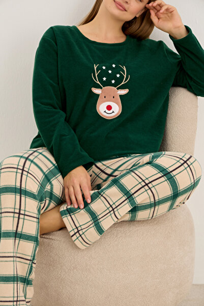 Siyah İnci طقم بيجامة شتوية محبوكة من الصوف مقاس كبير مطرزة بنقشة مربعات خضراء