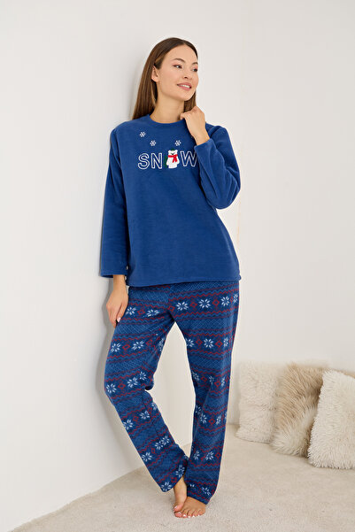 Siyah İnci Синій з візерунком на тему снігу Вишитий полярний зимовий трикотажний піжамний комплект