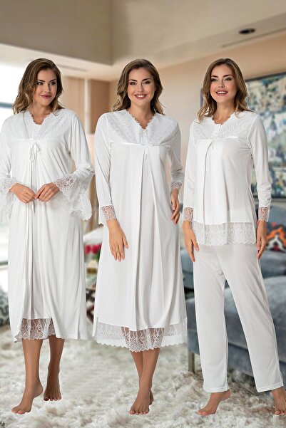 Lohusa Homewear Women's Ecru Long Sleeve Lace Detail Cut Out Maternity 4-Piece Set