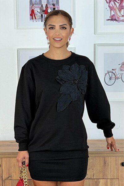 Nevin Kaya Moda Μαύρο μεγάλο φούτερ με λουλούδια
