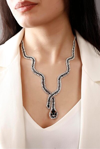 BİJUTERRİ Gümüş Kaplama Su Yolu Kolye Siyah Taşlı Yılan Tasarım Kolye Kadın T...