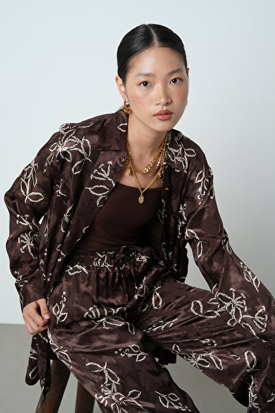 Orfeo Negro Women's Floral Patterned Brown Oversize Cut Shirt