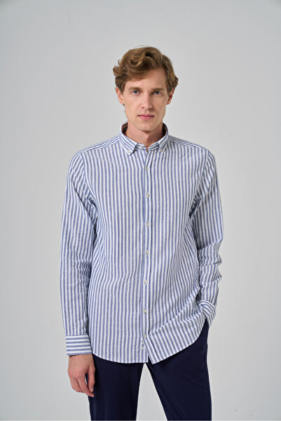 Morven Чоловіча синя сорочка Slim Fit з ґудзиками на комірі