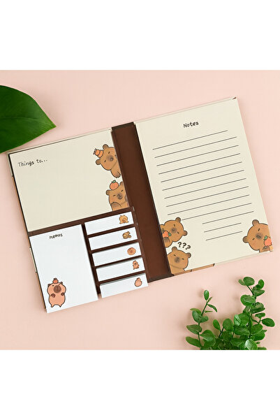NaSaDAN Sevimli Kapibara Temalı Yapışkan Not Kağıdı ve Not Defteri – Not Alma, Ajanda, Ders ve Ofis İçin