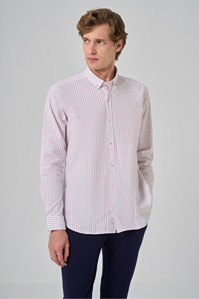 Morven Men's Burgundy Cotton Striped Paneled Button-Down Collar Regular Fit Shirt