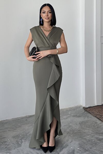 ALFUDO Moda Collection Γυναικείο χακί ύφασμα κατάδυσης με διπλό γιακά φούστα ...